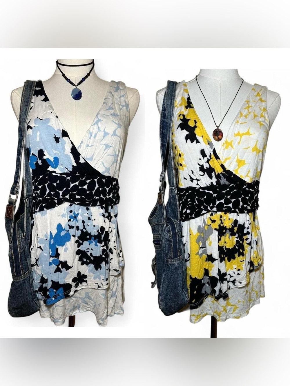 Y2K New York & Company Blue Yellow Floral Babydoll Tops Fairycore Coquette Indie